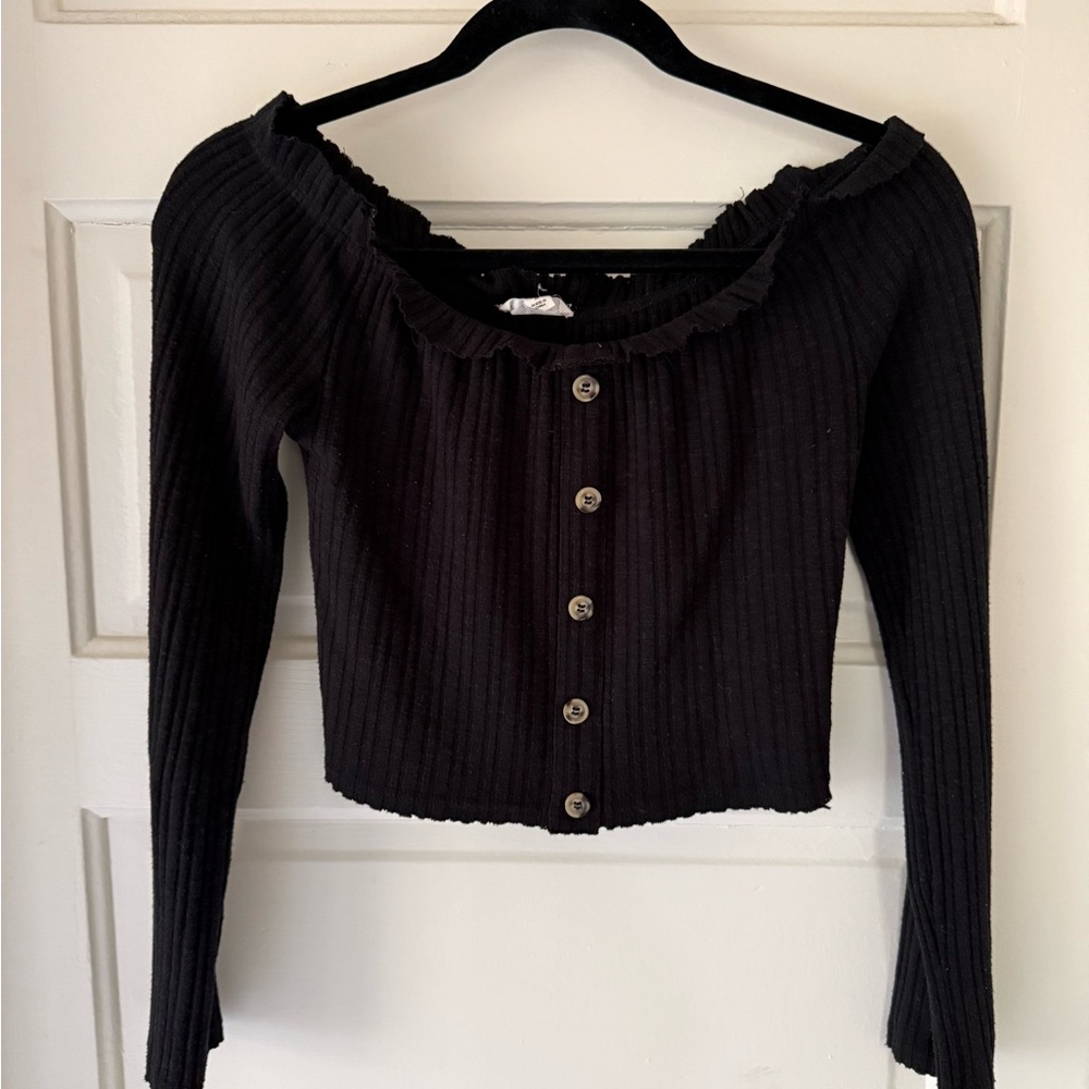 Black Ribbed Button-Up Sweater